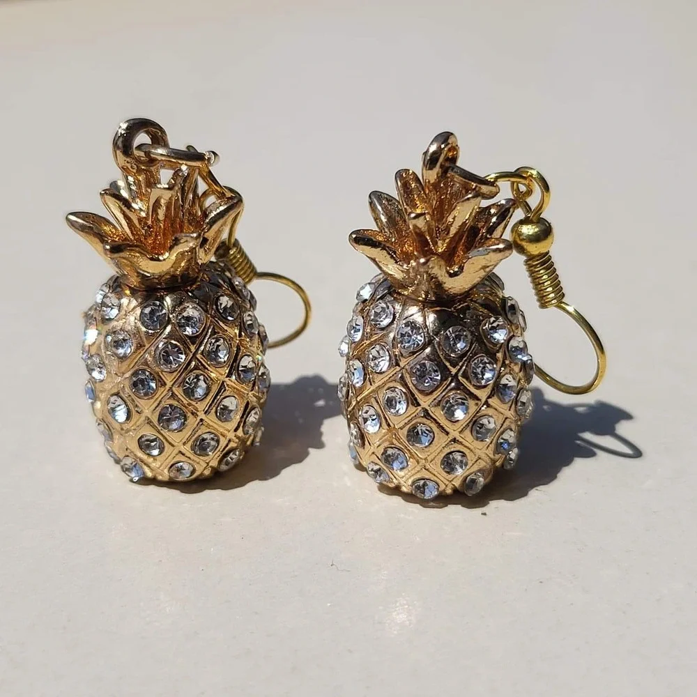 Gold Tone Rhinestone Pineapple Drop Earrings Gold Tropical Kitsch Dangle